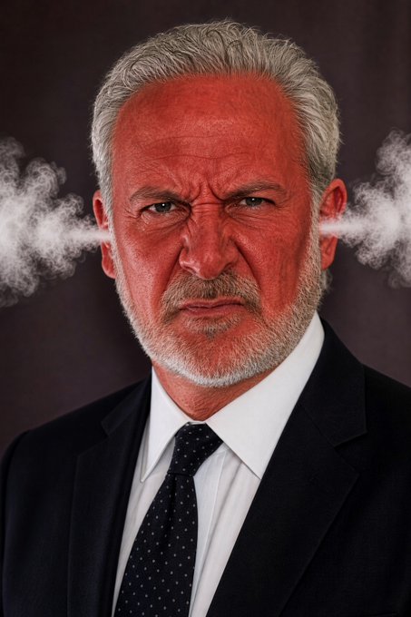 A portrait of an angry older man in a dark suit with a polka dot tie, with steam shooting from both of his ears against a dark background.