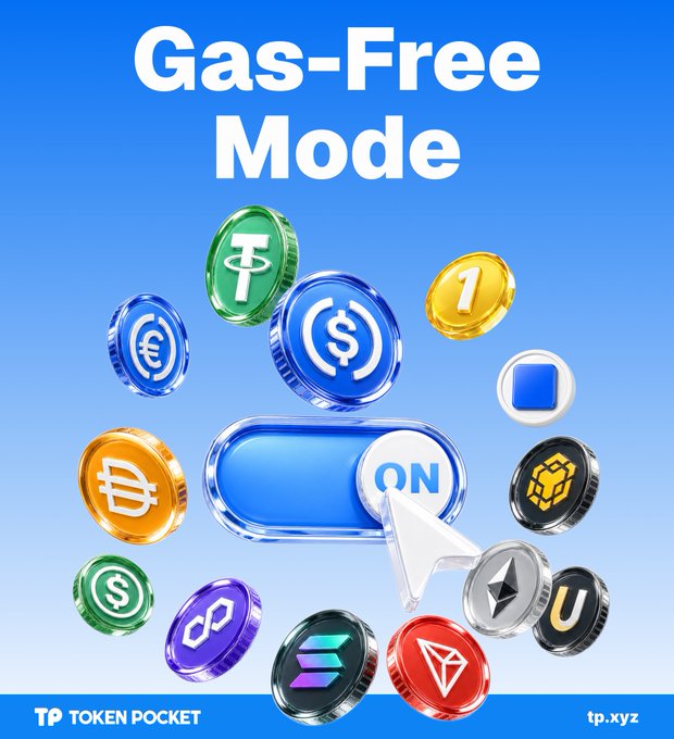 A digital advertisement for 'Gas-Free Mode' from Token Pocket shows various cryptocurrency coins floating around a toggle switch being turned 'ON'.