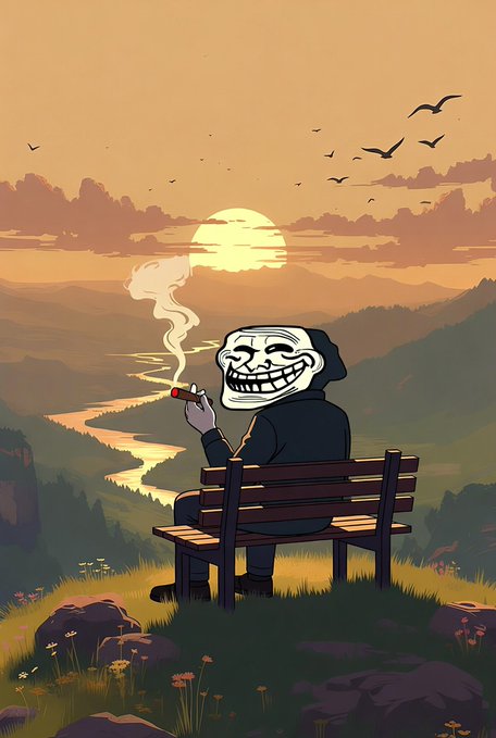 A troll face meme character in a black hoodie sits on a wooden bench smoking a cigarette, watching a sunset over a river valley.
