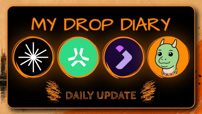 A graphic titled "MY DROP DIARY" featuring four circular icons containing symbols including a starburst, an 'X' logo, a purple arrow, and a green dragon-like creature, with "DAILY UPDATE" text below.