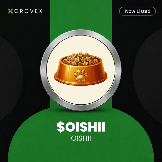 A promotional graphic from GroveX announces the new listing of the $OISHII token, featuring the GROVEX logo, a "Now Listed" badge, and a central illustration of a pet food bowl with kibble and a paw print, matching the token's pet-themed branding.