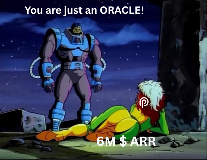 A cartoon scene of a large armored villain telling a defeated character 'You are just an ORACLE!' while the smaller figure is labeled '6M $ ARR'.