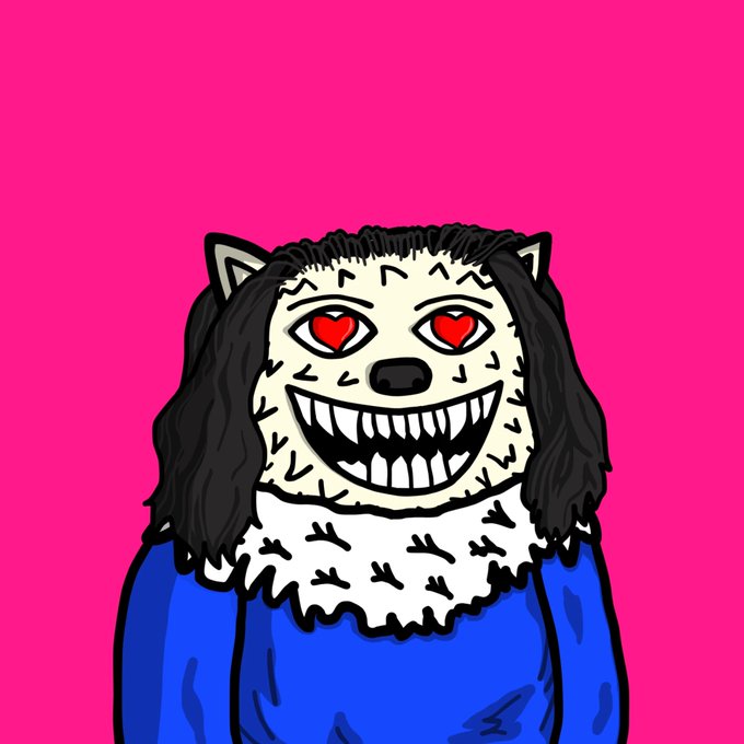 A digital illustration of a white, wolf-like character with long dark hair, heart-shaped eyes, a wide toothy grin, and a blue sweater against a bright pink background.
