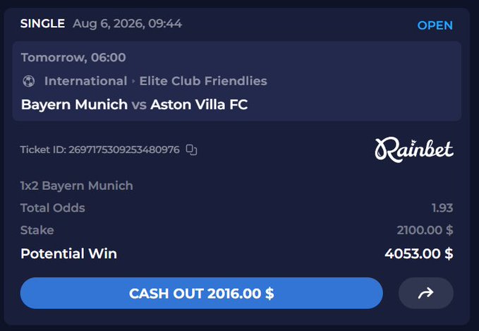 A Rainbet betting slip shows a pending $2,100 wager on Bayern Munich (1x2) to win against Aston Villa FC at 1.93 odds, with a potential payout of $4,053 and an early cash-out option of $2,016 available before the match. This perfectly illustrates the "cash out now or let it ride" dilemma referenced in the post, as the bettor must decide between locking in a smaller guaranteed profit or holding out for the bigger payout.