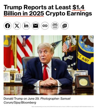 The image is a news report headline and photo stating "Trump Reports at Least $1.4 Billion in 2025 Crypto Earnings," featuring a picture of Donald Trump, which directly aligns with the accompanying post's claims about his cryptocurrency ventures.
