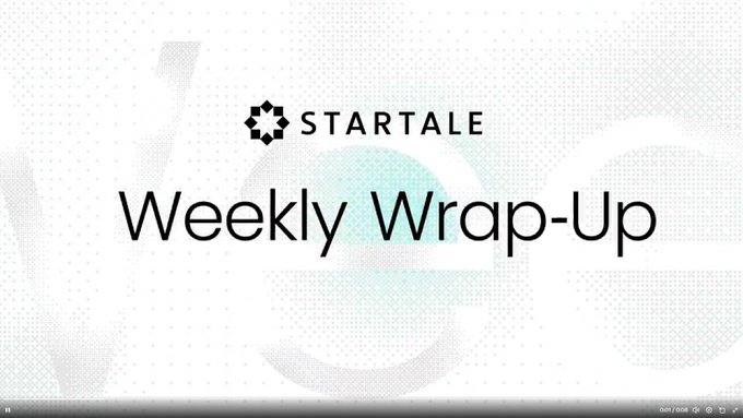 A "Startale Weekly Wrap-Up" title slide featuring the Startale logo and branding, summarizing key updates including the Startale App Card waitlist opening, Startale OFK launch for institutional investors, and a JPY stablecoin POC with SBI and digifttech for tokenized securities.