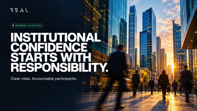 A modern cityscape at sunset with business professionals walking among illuminated skyscrapers serves as the backdrop for REAL's branding, featuring the headline "INSTITUTIONAL CONFIDENCE STARTS WITH RESPONSIBILITY." and tagline "Clear roles. Accountable participants." under a "BUSINESS VALIDATORS" label. The corporate urban imagery visually reinforces the post's message about embedding accountability into financial infrastructure, mirroring how busy professionals navigate structured environments where each participant's role is defined.