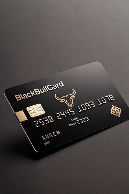 A black metal credit card labeled 'BlackBullCard' with gold detailing, featuring a bull logo and card numbers, resting on a dark surface.