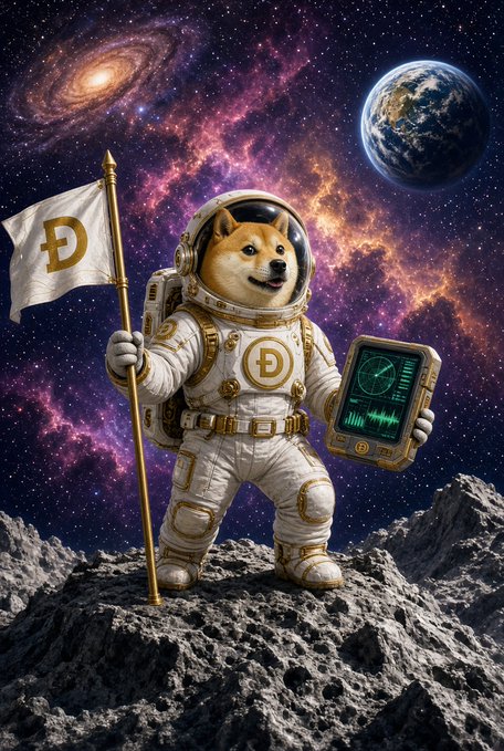 A Shiba Inu dog dressed as an astronaut stands on a rocky moon-like surface holding a Dogecoin (Ð) flag, with Earth and a galaxy visible in the cosmic background.