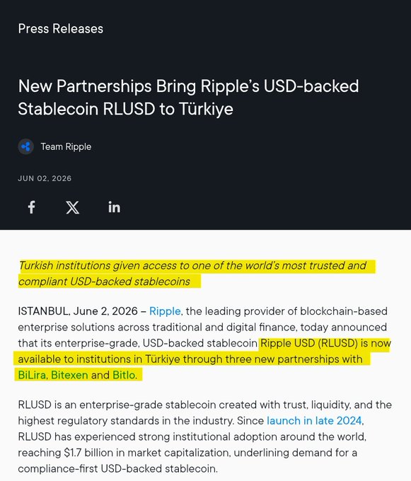The image shows a press release for Ripple's partnership with Turkish institutions. The text of the press release indicates that the partnership has been established, and the Turkish institutions have received $RLUSD as part of this agreement. The press release also mentions that the partnership is in its early stages, and it is expected to expand across Turkey over time. Additionally, there are three new partnerships with other institutions, including BiLira, Bitexen, and Bitlo., which will be beneficial for the Turkish institutions involved.
