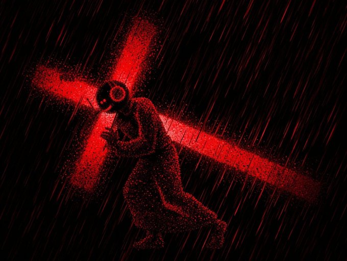 The image features a red cross against a black background, with raindrops falling around it. The caption reads "it's not over (yet)", which suggests that there might be more rain or other elements related to the rainy weather.