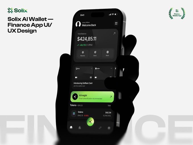 A promotional image for 'Solix AI Wallet — Finance App UI/UX Design' showing a hand holding a smartphone displaying a crypto wallet app with a balance of $424,851.11 and Solana tokens, marked as a 'Finance Mobile App'.