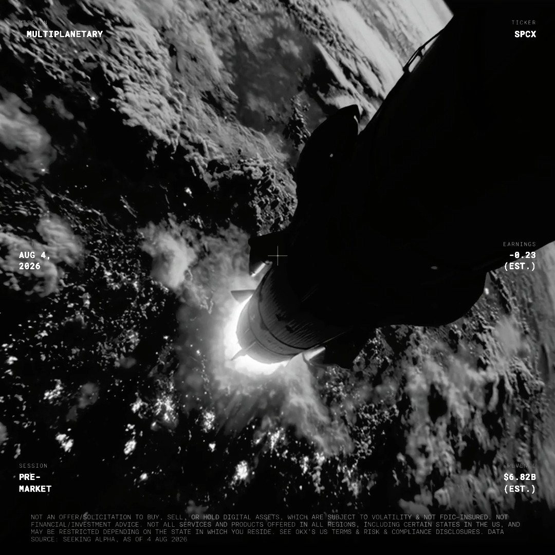 A black-and-white image shows a rocket engine firing above a cloud-covered Earth, overlaid with SpaceX-themed stock data displaying "SPCX" ticker, "MULTIPLANETARY" status, AUG 4, 2026 date, -0.23 earnings estimate, $6.82B revenue estimate, and "PRE-MARKET" session label, perfectly complementing the post's announcement of SpaceX's first earnings call and 24/7 trading options on OKX.