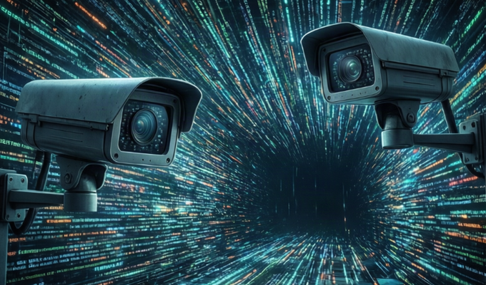 Two gray security cameras face forward against a background of streaking lines of colorful digital code, evoking a cyberpunk or surveillance aesthetic.