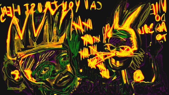 Dark stylized digital artwork featuring two animal figures with glowing yellow and orange neon outlines, including a rabbit-like character and another creature, with partially visible text reading 'YOUR HAPPY HE' and 'TO START YOUR'.