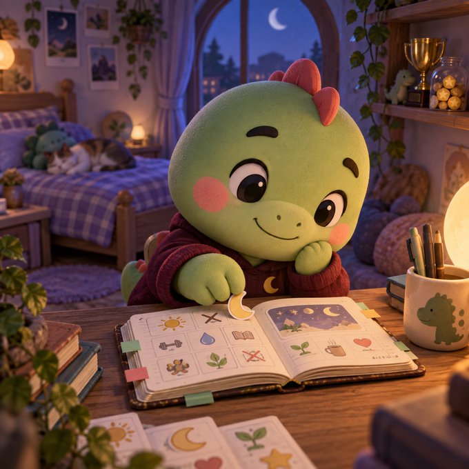 A cute green cartoon dinosaur with pink cheeks wearing a red sweater sits at a desk in a cozy bedroom, looking at an open book filled with colorful icons and symbols. A cup with a dinosaur design and pens sits nearby.