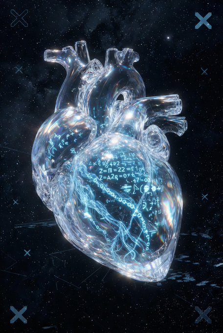 The image features a 3D rendering of an artificial heart, which appears to be made from glass or crystal material. The heart is surrounded by stars and planets, creating a celestial atmosphere around it. The heart has been rendered in a realistic manner with intricate details, making it look like a real organ. The post includes a caption that reads "@PsyProtocol 《Psy之心 - Verifiable Core》 , which is an illustration of the artificial heart made from glass or crystal material and surrounded by stars and planets."