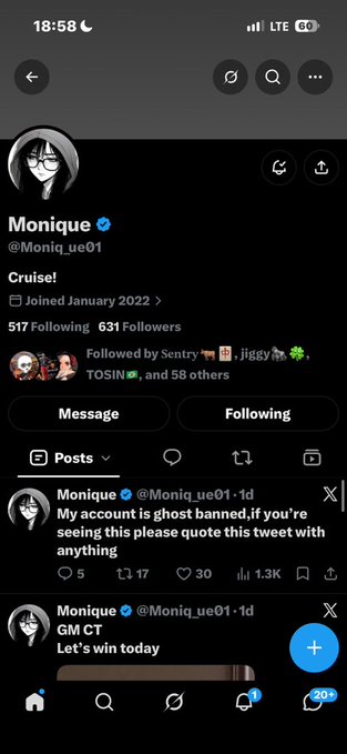 Twitter/X profile screenshot for verified user 'Monique' (@Moniq_ue01), displaying 517 Following and 631 Followers, with a pinned tweet warning 'My account is ghost banned, if you're seeing this please quote this tweet with anything' and a second tweet reading 'GM CT Let's win today'.