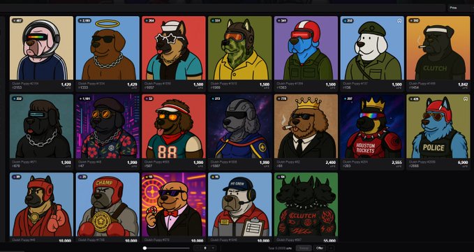 A digital marketplace interface displays a grid of NFT-style cartoon dog characters with various outfits and accessories, each with prices listed beneath them, including ones wearing "CLUTCH" and "POLICE" apparel.