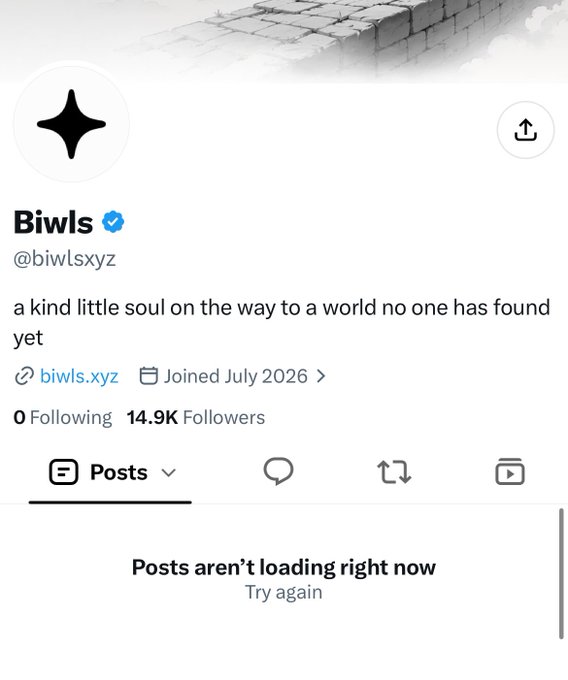 A profile page for the user 'Biwls' (@biwlsxyz) with the bio 'a kind little soul on the way to a world no one has found yet', showing 14.9K followers and 'Posts aren't loading right now'.
