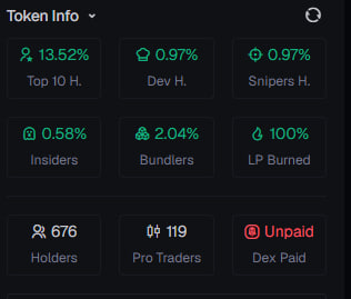 Token Info dashboard displaying statistics: Top 10 Holders at 13.52%, Dev at 0.97%, Snipers at 0.97%, Insiders at 0.58%, Bundlers at 2.04%, LP Burned at 100%, with 676 Holders and 119 Pro Traders.