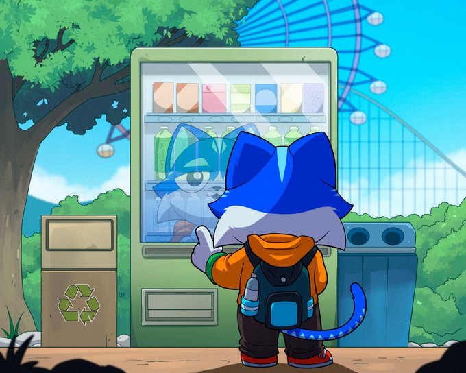 A blue cat-like character with a backpack stands before a vending machine, gazing at colorful drink options, while a recycling bin sits nearby and a ferris wheel looms in the background—capturing the "Choose wisely" moment of deciding what to buy or sip next.