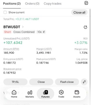 A screenshot of a cryptocurrency trading interface showing an active short position on BTWUSDT with 10x leverage, displaying an unrealized profit of +107.6342 USDT (+3.07% ROI), an entry price of 0.188172 USDT, and a mark price of 0.187746 USDT, which corresponds to the trader's announced short trade with recommended entry zone between $0.186–$0.200.
