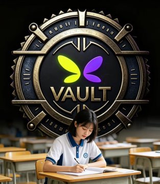 The image features a girl sitting at a desk with her head down, writing something in a notebook. The background of the image shows a classroom setting with several desks arranged in rows. There are also chairs placed around the room. The caption for the image reads "Today'S college entrance exam, everyone is pushing for new highs. VAULT has also hit a new high Kids taking the college entrance exam, keep it up! Let'S slowly climb upward together @VAULT_BNB #高考 @flapdotsh".