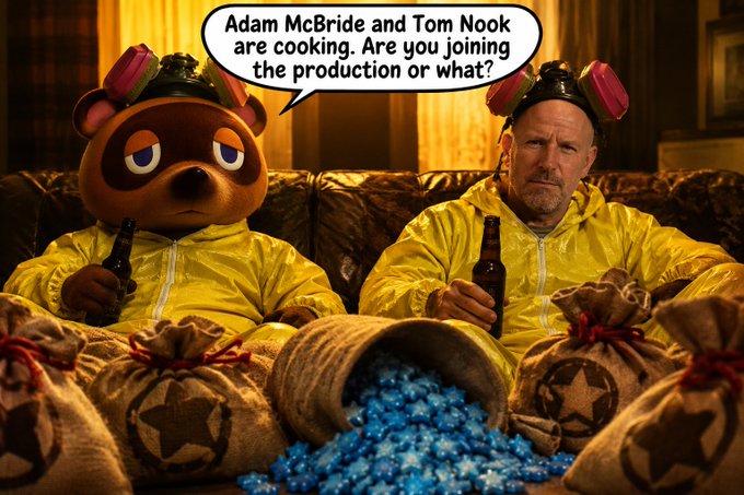 A Breaking Bad meme featuring Walter White and Jesse Pinkman in yellow hazmat suits with their faces replaced by Tom Nook's bear character from Animal Crossing, sitting on a couch with bags of blue meth. Speech bubble reads: 'Adam McBride and Tom Nook are cooking. Are you joining the production or what?'