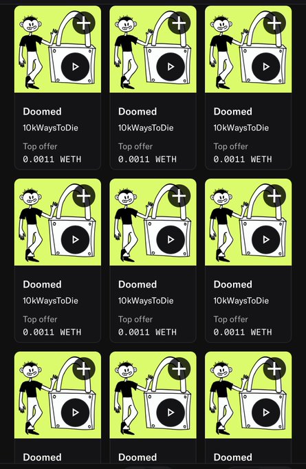 A grid of identical NFT cards titled 'Doomed' / '10kWaysToDie' featuring a cartoon character, each listing as a 'Top offer' at '0.0011 WETH'.