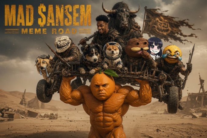 A poster titled "MAD $ANSEM MEME ROAD" features a muscular orange character lifting a vehicle loaded with various meme figures, a minotaur, and a troll-face holding a tattered flag in a desert wasteland.