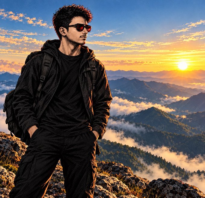 A young man in a black hooded jacket and sunglasses stands atop a rocky mountain peak, gazing into the distance as the sun rises over a misty, cloud-filled valley—capturing the spirit of fresh energy and new beginnings echoed in the motivational message about starting a productive day with purpose.