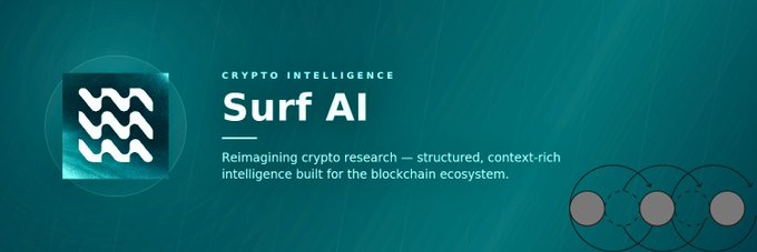 A promotional graphic with a teal background features the 'Surf AI' logo and the tagline 'CRYPTO INTELLIGENCE' along with the description: 'Reimagining crypto research — structured, context-rich intelligence built for the blockchain ecosystem.'