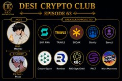 A podcast graphic titled 'DESI CRYPTO CLUB - EPISODE 63' features host profiles for Mubiru and Minal, and showcases guest icons including SUI, TRAVA, DOTAX, Charity, Sweat, Culturesphere, Runtwo, RBChainGame, PACT, and Neos Machine.