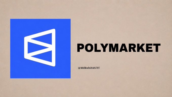 A logo for 'POLYMARKET' featuring a white geometric symbol on a blue square next to the company name, with a small watermark '@MdRahiA4797' below.