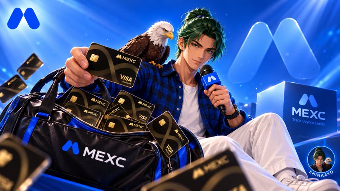 A promotional banner featuring anime-style character ShinaYo alongside a bald eagle, holding MEXC-branded Visa cards and a microphone, with the MEXC logo and the tagline 'Trade Beyond Limits'.