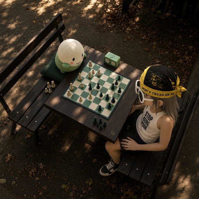 A small figurine wearing a yellow "DON'T TREAD ON ME" headband and a "STOP BEING POOR" tank top sits across from a plush toy at a park bench chess game, visually symbolizing the post's message about $CUPSEY's strategic, patient approach—one calculated move at a time—toward reaching a 100 million milestone.