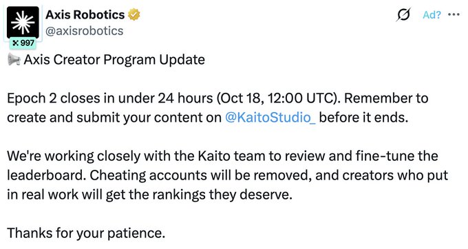 A tweet from Axis Robotics (@axisrobotics) announcing an Axis Creator Program Update, noting that Epoch 2 closes in under 24 hours (Oct 18, 12:00 UTC) and mentioning collaboration with the @KaitoStudio_ team.