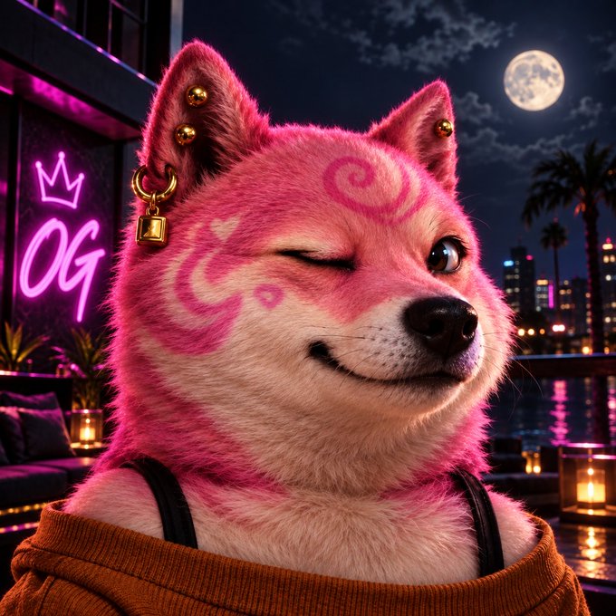 A stylized pink Shiba Inu character winks at the camera, adorned with a gold earring and pink tribal markings, set against a neon-lit nighttime cityscape with a full moon and a neon 'OG' sign.