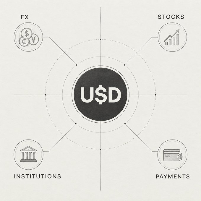 Infographic showing U$D at center with four surrounding categories: FX, STOCKS, INSTITUTIONS, and PAYMENTS.