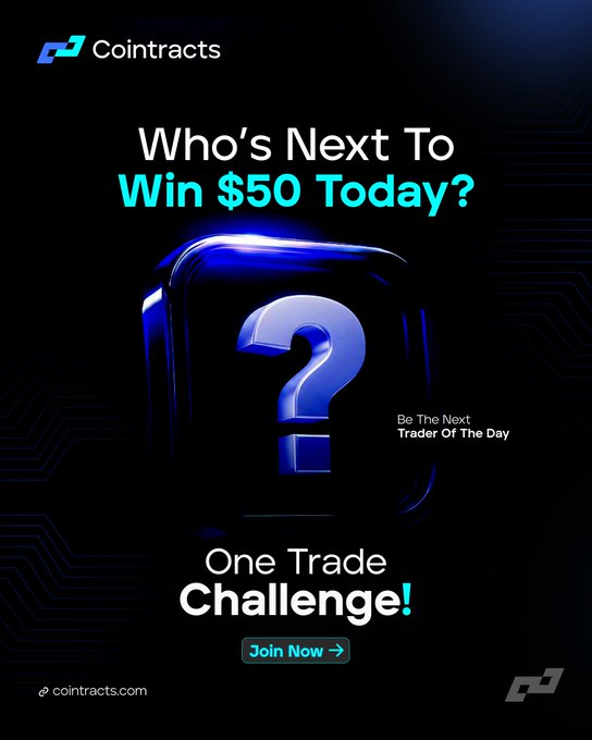 A dark blue promotional advertisement for Cointracts featuring a 3D question mark and the text 'Who's Next To Win $50 Today? One Trade Challenge!'