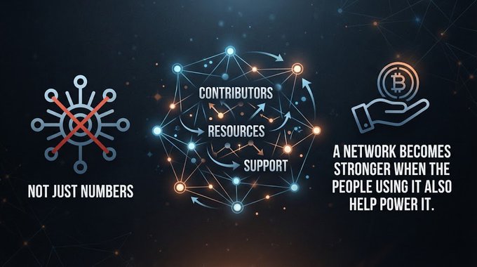 A cryptocurrency-themed infographic showing 'NOT JUST NUMBERS' with a network diagram highlighting Contributors, Resources, and Support, and text stating 'A NETWORK BECOMES STRONGER WHEN THE PEOPLE USING IT ALSO HELP POWER IT.'
