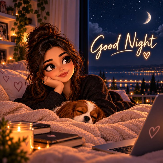 A stylized illustration of a young woman resting her chin on her hand in a cozy bedroom with a sleeping puppy, accompanied by glowing cursive text reading 'Good Night' and a heart symbol next to a moonlit sky.