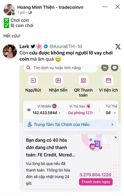 A screenshot of a Vietnamese social media post showing a tweet from @AzuraETH with a screenshot of a MoMo financial app interface displaying balances and a payment request of 3.279.804.122đ.