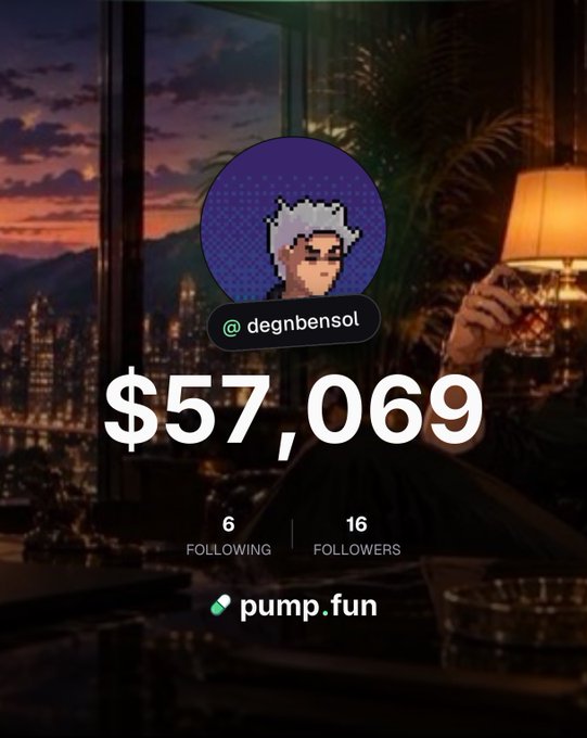 A promotional social-trading graphic shows the handle “@degnbensol” with a pixel-art avatar, “$57,069,” “6 FOLLOWING,” “16 FOLLOWERS,” and the “pump.fun” logo. It illustrates the post’s announcement about moving social trading to Pump.fun and sharing wins and fumbles.