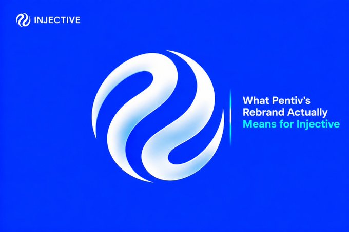 A blue promotional graphic for Injective cryptocurrency featuring a stylized silver logo and the headline 'What Pentiv's Rebrand Actually Means for Injective.'