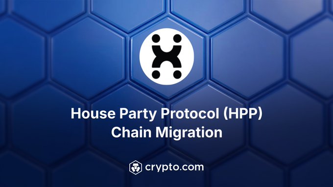 Crypto.com announcement about House Party Protocol (HPP) Chain Migration featuring a logo on a blue hexagonal background.