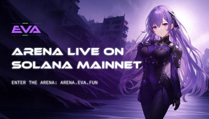 Anime-style promotional image for EVA announcing 'ARENA LIVE ON SOLANA MAINNET,' featuring a purple-haired character in a dark bodysuit standing before a dystopian cityscape.