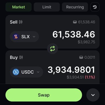 A cryptocurrency swap interface screenshot shows a 'Market' tab with a Sell order for 61,538.46 SLX ($3,982.75) and a Buy order for 3,934.9801 USDC, with a green 'Swap' button at the bottom.