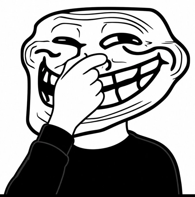 A black and white line drawing of the trollface meme character with a wide grin, holding a hand over its mouth as if giggling or whispering.